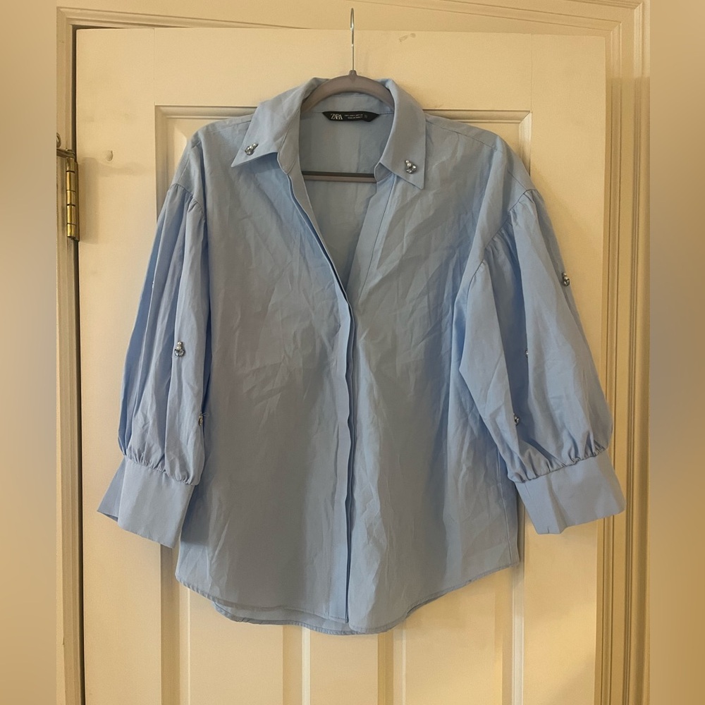 Zara Pearl & Rhinestone Button Down Shirt